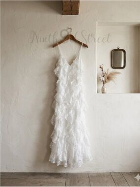 BHLDN Jia Bias-Cut Lace Ruffled V-Neck Gown White Bridal Slip Dress NWT 6